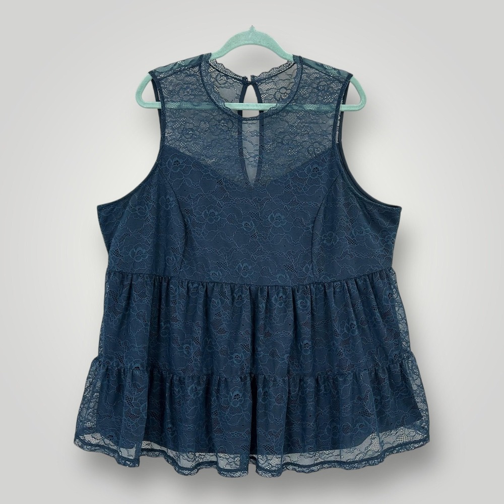 Torrid Blouse Womens 3X Teal Floral Lace High Neck Sleeveless Peplum Tunic‎ Top